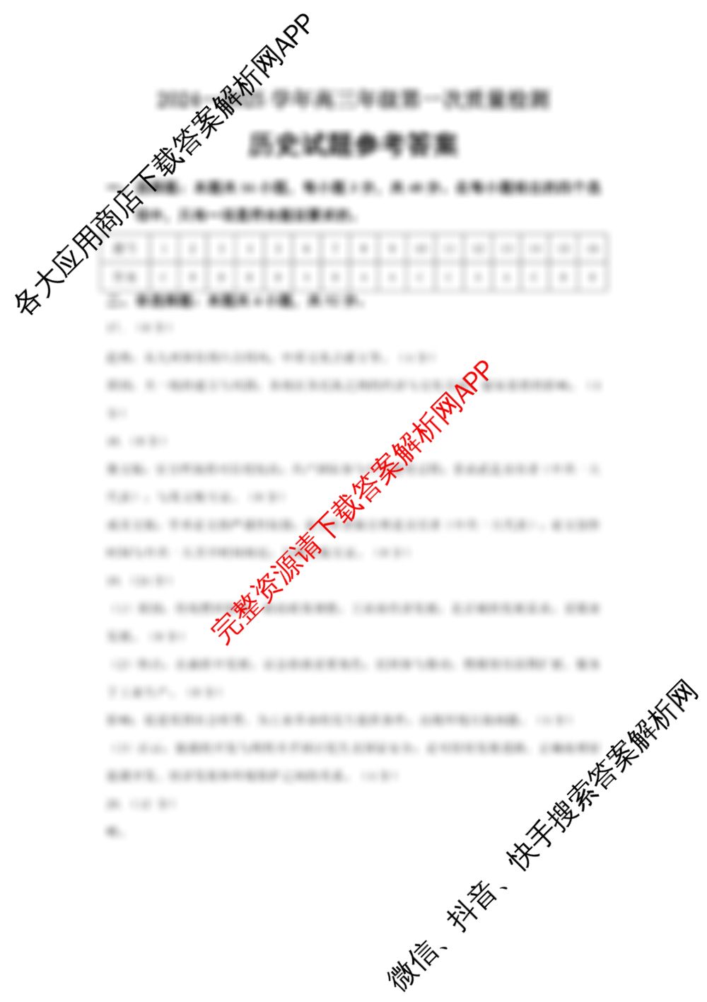 福建省福州市2024-2025学年高三第一次质量检测各科答案及试卷（含数学、政治、历史等）历史答案