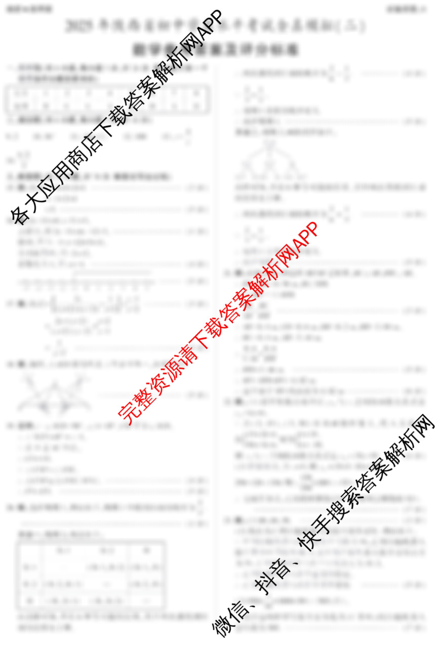 益卷2025年陕西省初中学业水平考试全真模拟(二)[试卷类型B]各科答案及试卷（含英语、道德与法治、历史等）数学答案