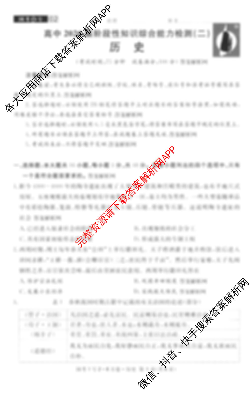 国考1号28月卷高中2026届阶段性知识综合能力检测(二)（含政治 语文 物理等9份）历史试题