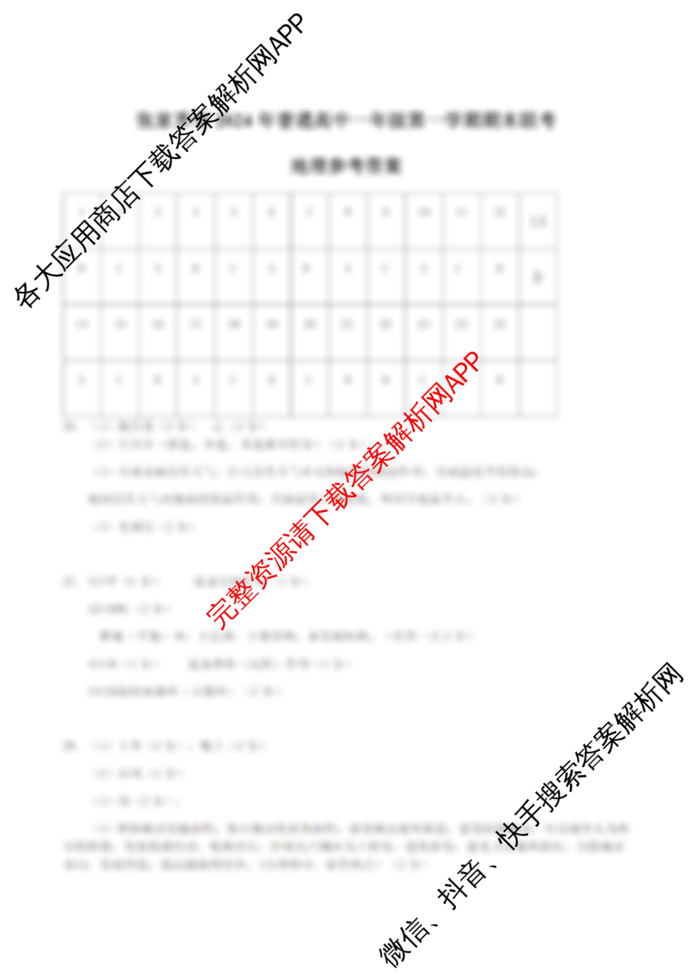 张家界市2024年高中一年级第一学期期末联考（含数学 政治 英语等9份）地理答案