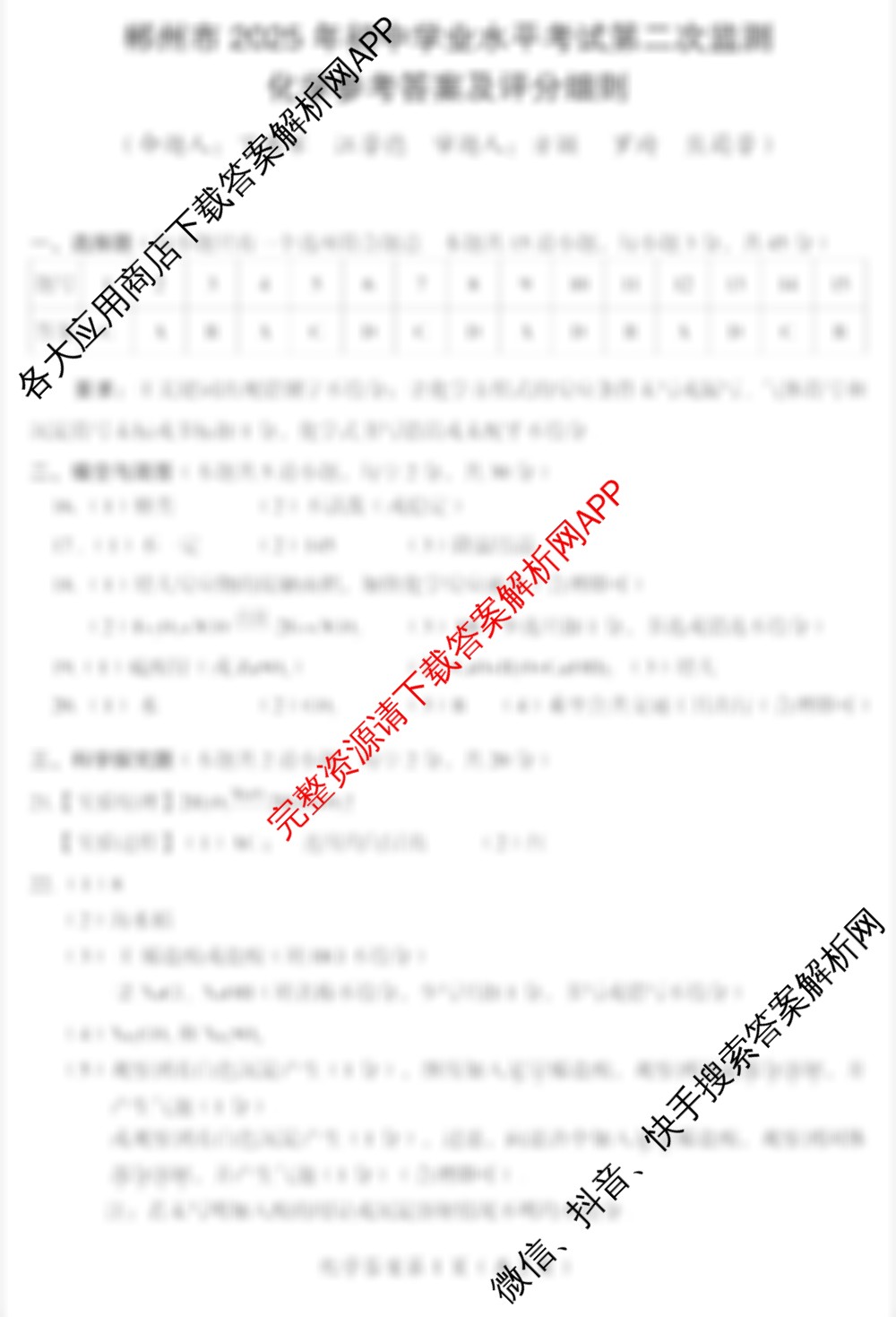湖南省郴州市2025年初中学业水平考试第二次监测（7科全）化学答案